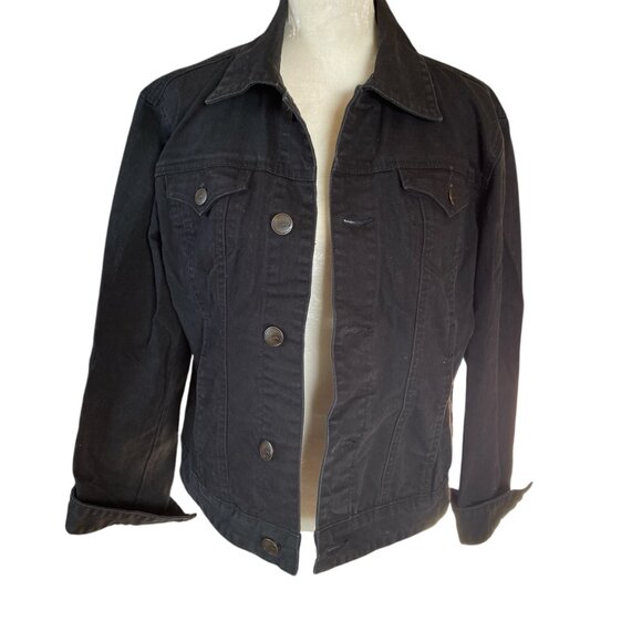 JAG women's M black collared long sleeve button down denim jean jacket pockets - Picture 6 of 9